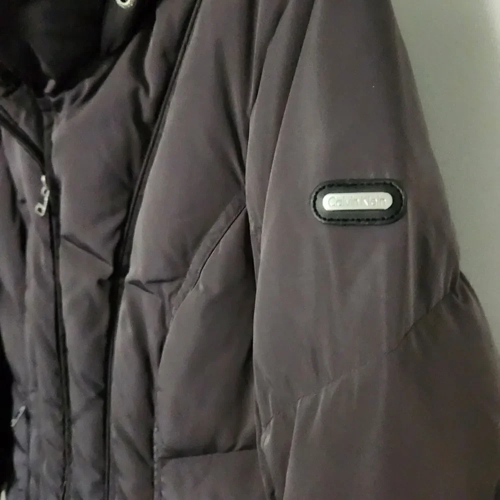 Calvin Klein Women's Dark Gray Hooded Puffer Jacket Zip Front Pockets Size Med